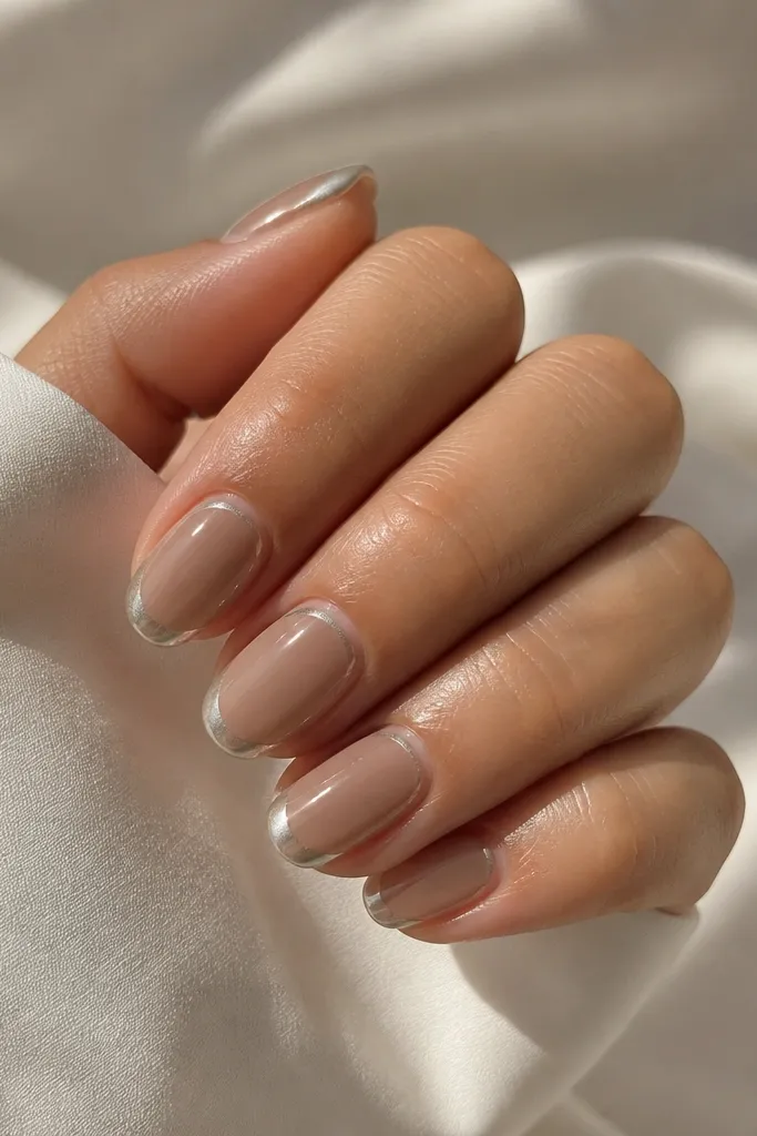 Short almond nails with mocha nude base. French tips are pearl chrome with a soft glow. The finish is slightly satin, not fully mirror, giving a muted reflective look.