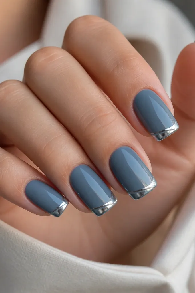 Medium square nails in dusty blue. French tips are silver chrome arcs. On one side of each tip, there is a tiny diagonal silver line accent angled toward the corner, glossy.