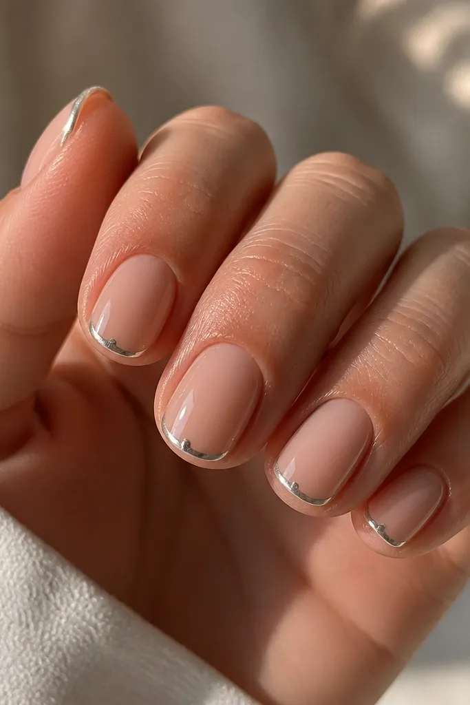Short oval nails with creamy nude base. Silver chrome French tips end with a tiny single dot on each outer corner of the smile line, glossy and clean.