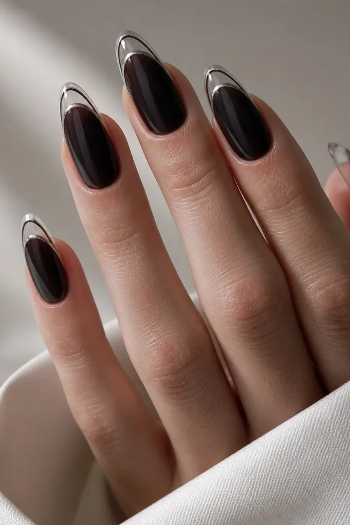 Long almond nails with a glossy black jelly base. The French tip is mostly clear jelly with only the very edge covered in silver chrome, like a thin chrome rim.