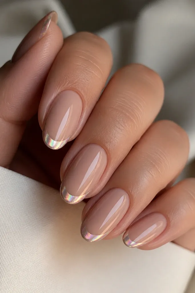 Medium oval nails in champagne nude. French tips are holographic chrome, shifting between silver, gold, and pink flashes. The smile line is crisp and glossy.