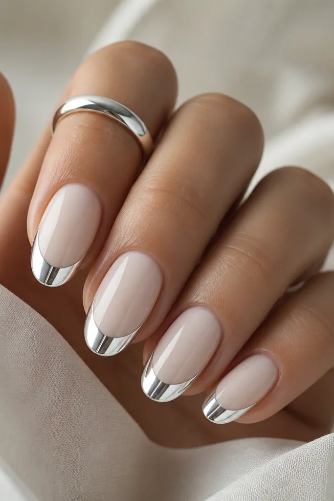 Short-to-medium almond nails in milky beige. Silver chrome French tips are standard width, and a thin silver pinstripe runs down the center of the tip, glossy and symmetrical.