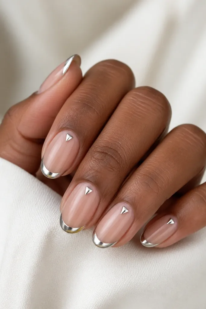 Medium oval nails with clear pink base. Silver chrome French tips look crisp, and there is a tiny silver chrome triangle placed near the cuticle in the center, glossy.