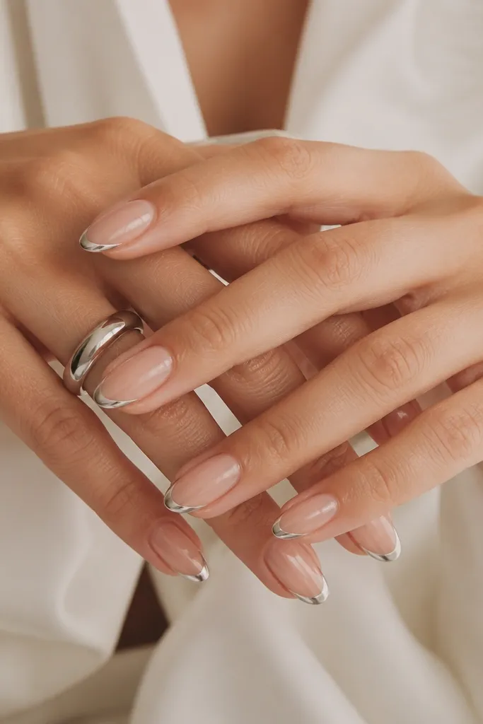 Hands with medium almond nails. The base is sheer nude. The smile line is a thin, curved silver chrome arc with a mirror finish, and the rest of the nail stays nude.