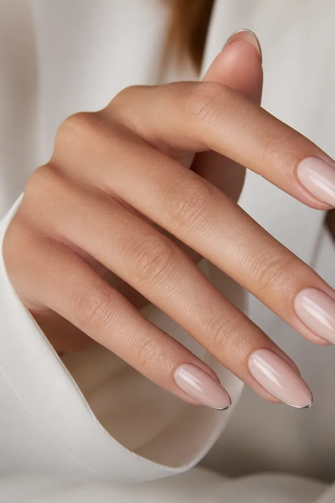 Almond nails with a glossy milky nude base. The French tip is an ultra-thin silver chrome line just at the very edge of the tip, almost like a thread.