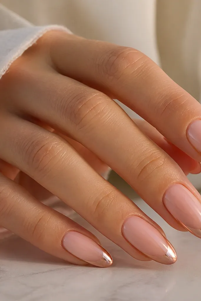 Almond nails with a sheer pink base. The French area has rose gold chrome that fades slightly toward the center, with a clean curved edge at the tip.