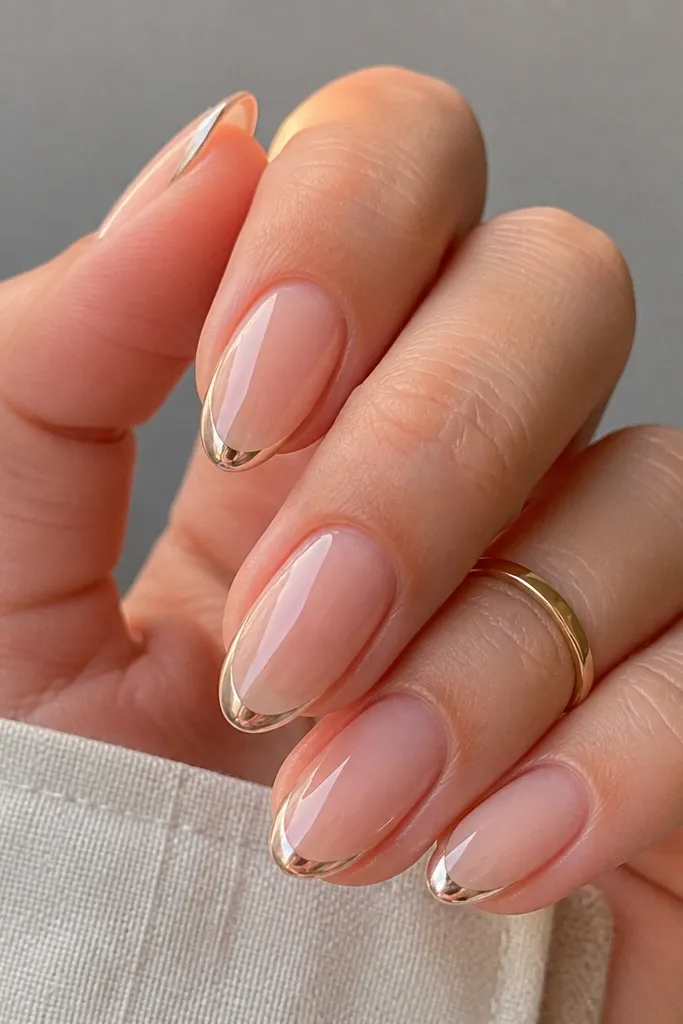 Almond nails with a clear glossy base. The chrome French sits only along the very top edge of the smile, leaving the rest of the nail transparent.
