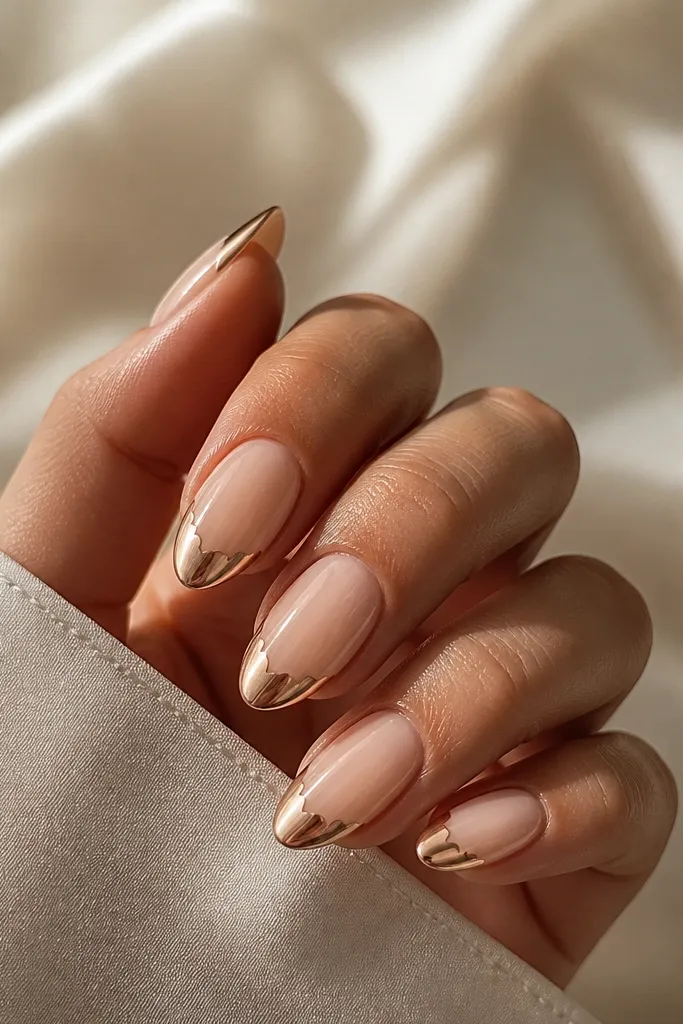 Almond nails with a champagne nude base. The French tip is rose gold chrome but shaped into a scalloped edge with small curved bumps.