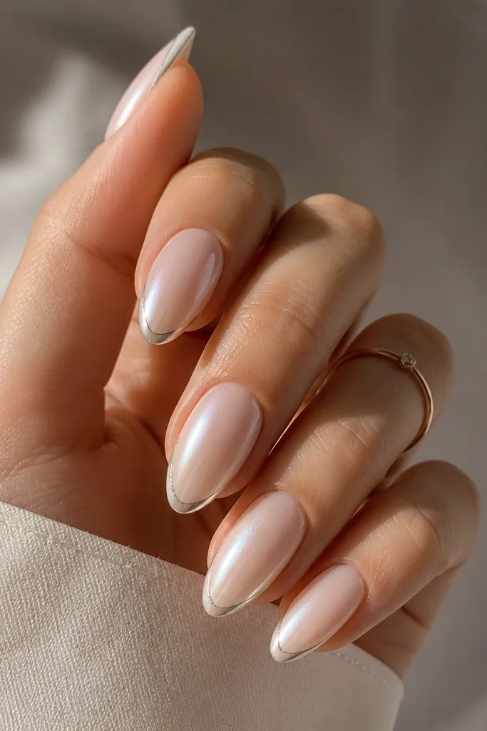 Almond nails with a pearl nude base that looks slightly iridescent. The French tip is a very thin platinum chrome line, straight-to-arc and super crisp.