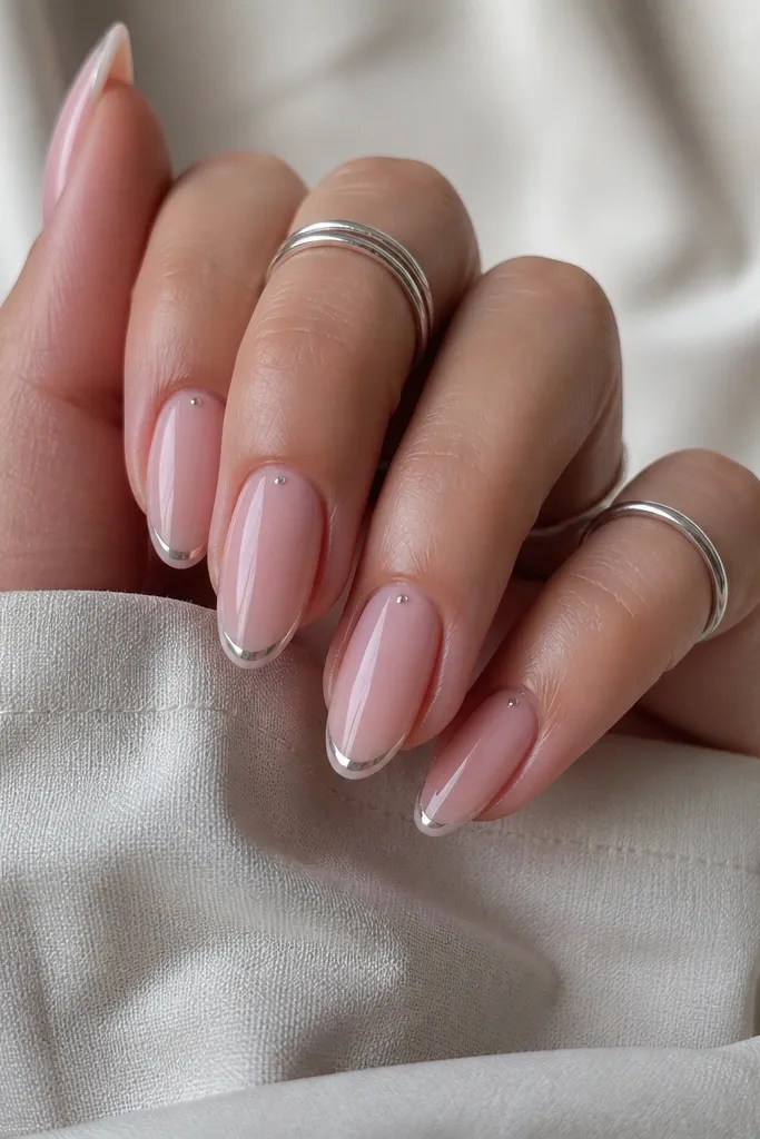 Almond nails with a clear baby pink jelly base. Silver chrome French arc is thin, and there are tiny silver micro dots on either side of the arc.