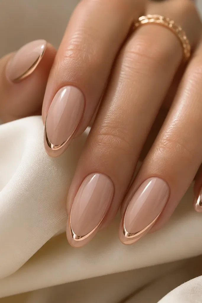 Almond nails with warm nude base. The French arc is rose gold chrome, and there is a thin gold outline just outside the arc like a double border.