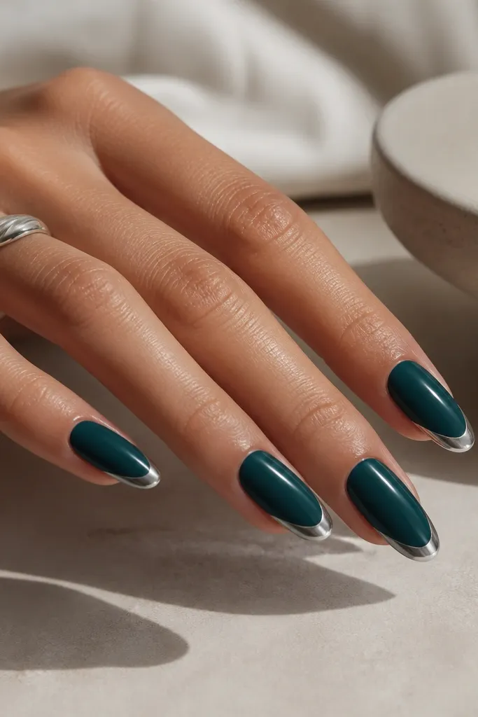 Almond nails with a deep teal base. The silver chrome French arc sits across the tip but leaves small negative cutouts near both side corners.