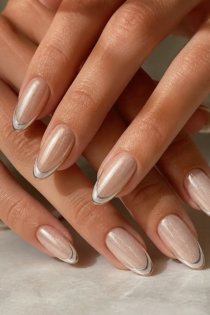 Almond nails with a champagne shimmer base. The smile line is silver chrome and glossy. The underside of the French area is matte nude, visible as a slight contrast near the tip edge.