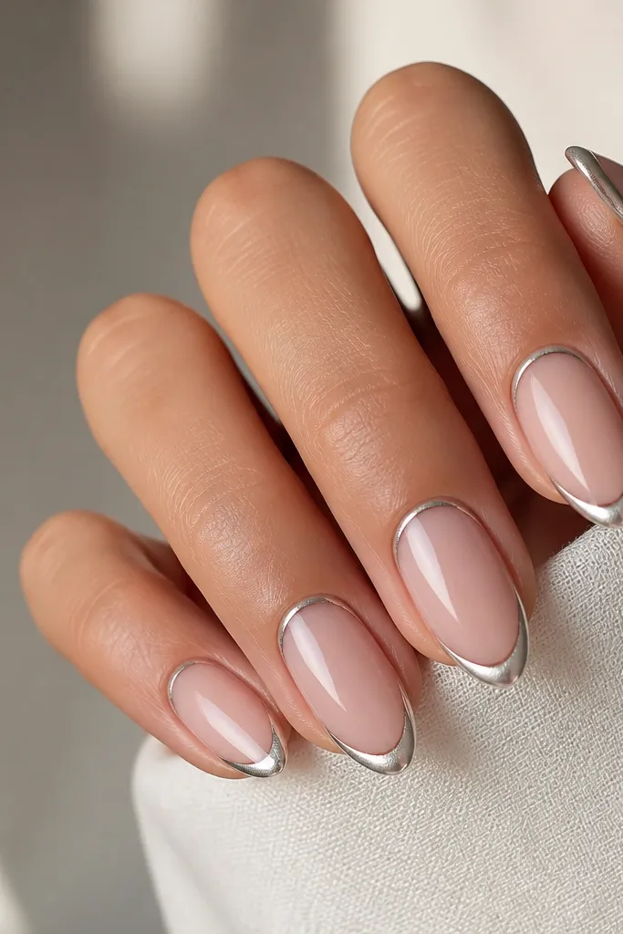 Almond nails with a clear pink base. The smile arc is silver chrome. There's also a thin silver chrome line along the cuticle border, like a halo.