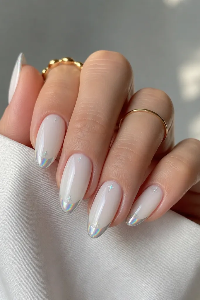 Almond nails with pearl white base. The French arc is holographic chrome. Near the inner corners of the smile are tiny star-shaped dots in matching holographic tones.