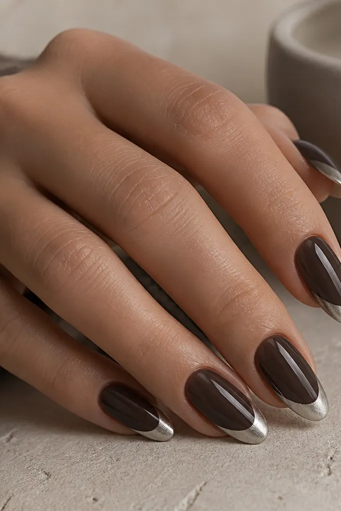 Almond nails with espresso brown base. The French arc is silver chrome with a slightly brushed, streaked metal effect instead of perfect mirror.