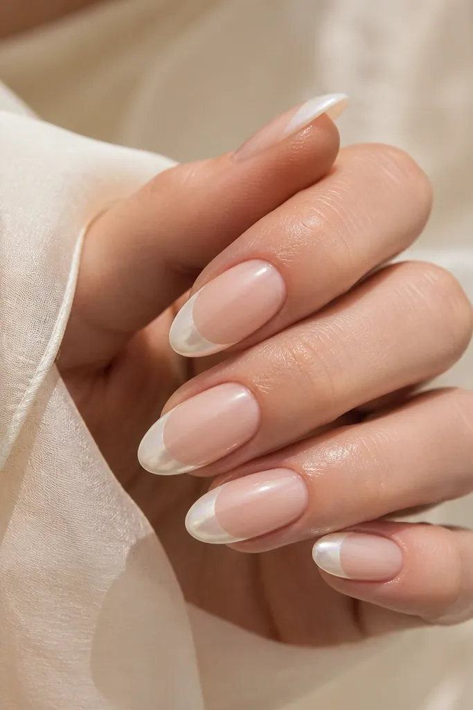 Almond nails with a soft nude base. The French arc looks like white chrome, then has a subtle pearl overcoat so it glows rather than reflects like pure silver.