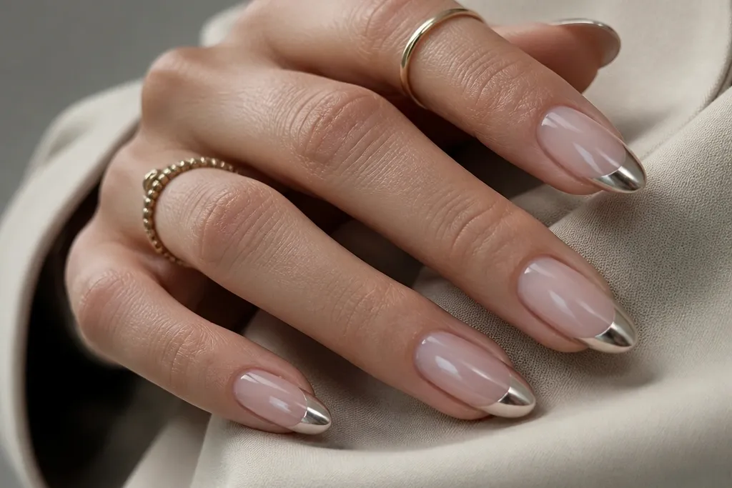 Almond shape chrome French nails