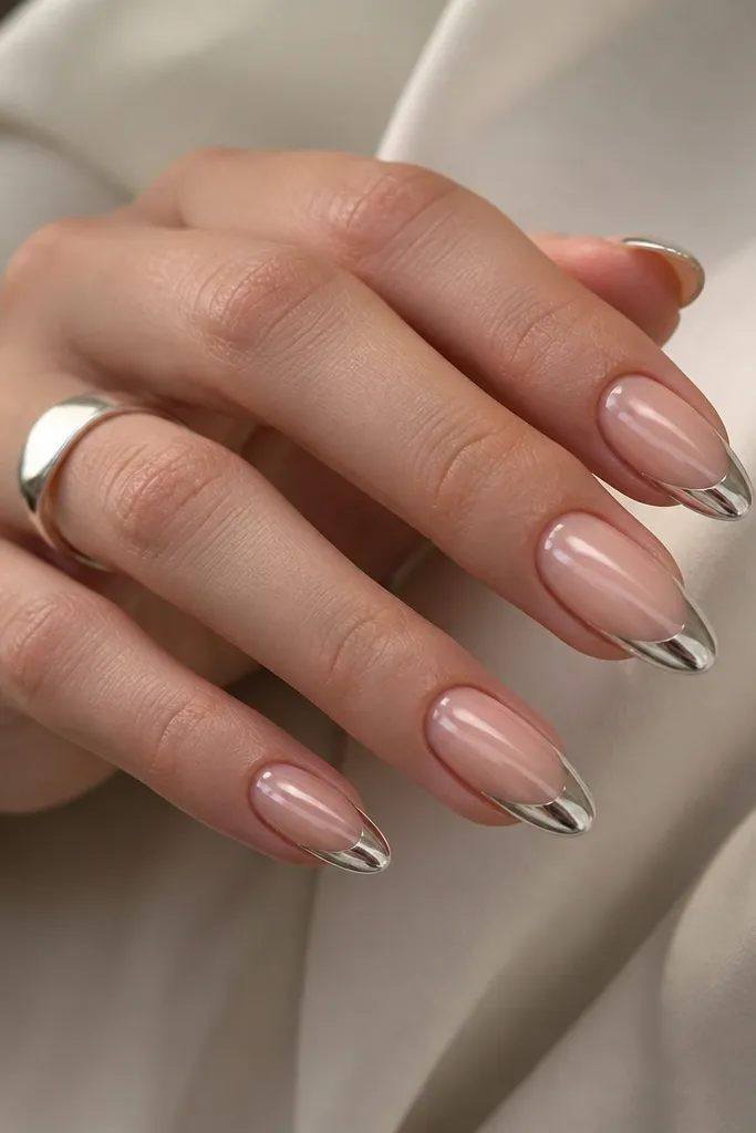 Almond shape chrome French nails