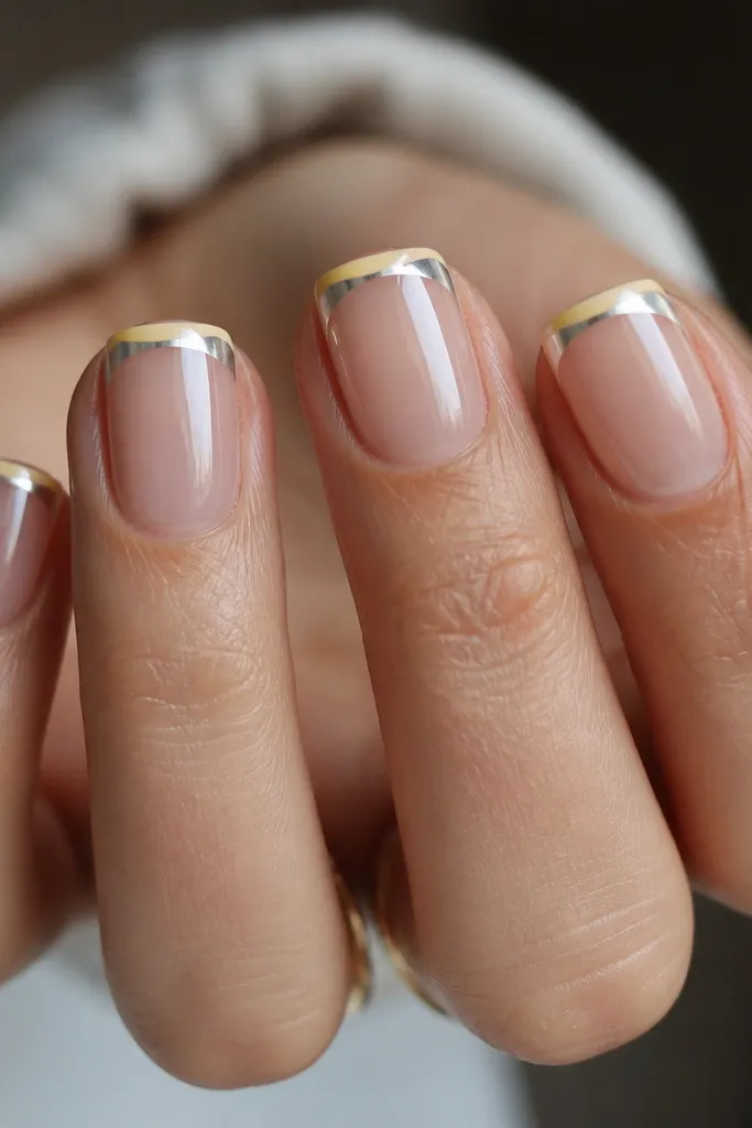 Close-up of short squoval nails. Tips are a thin butter-yellow arc, and the chrome is full mirror silver applied only on the French tips. The rest of the nail is sheer nude with high gloss.