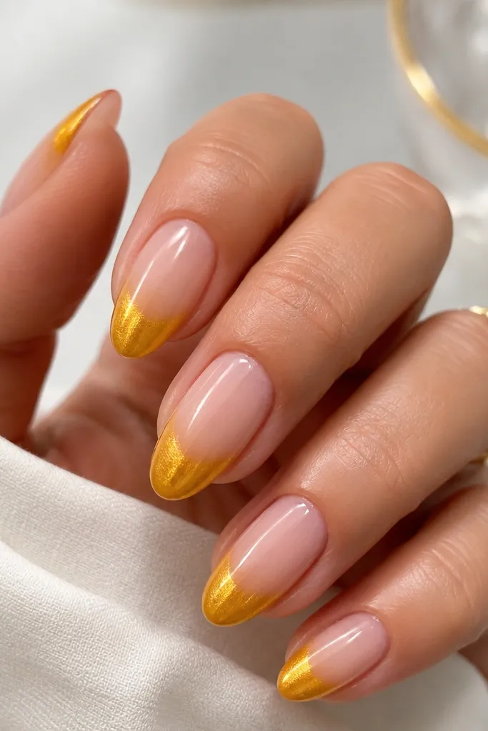 Medium almond nails with a saffron-yellow French tip. The chrome is gold and starts at the tip edge, fading downward into the yellow like a gradient. Nude base, glossy finish.