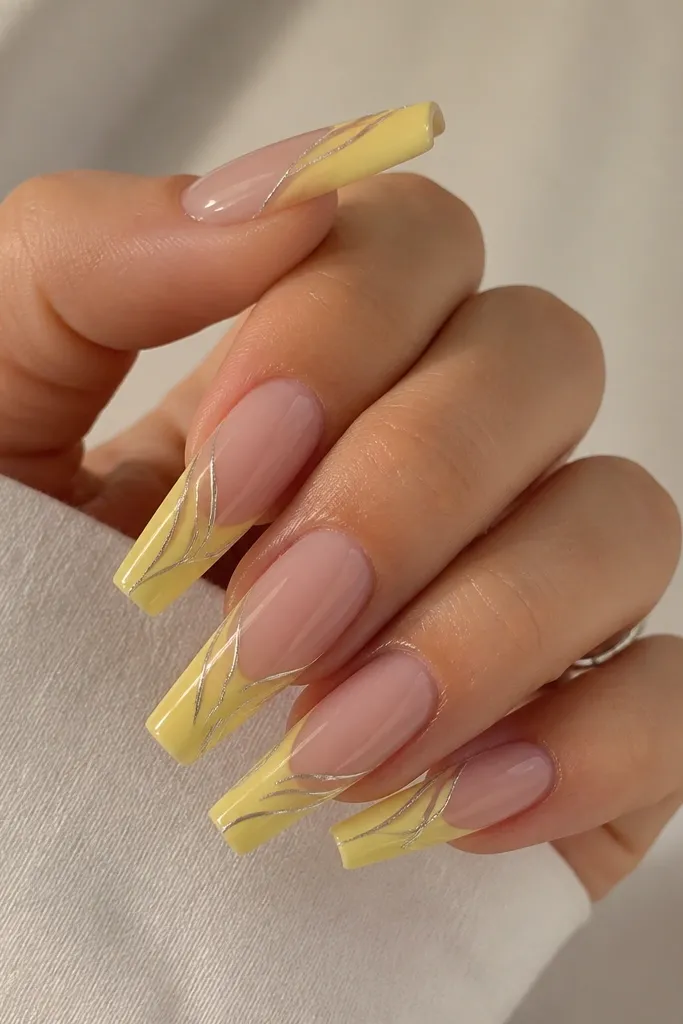 Long coffin nails. French tips are lemon yellow, and over them there are thin silver chrome swirl lines that curve from the smile line to the free edge. Clear nude base, high shine.