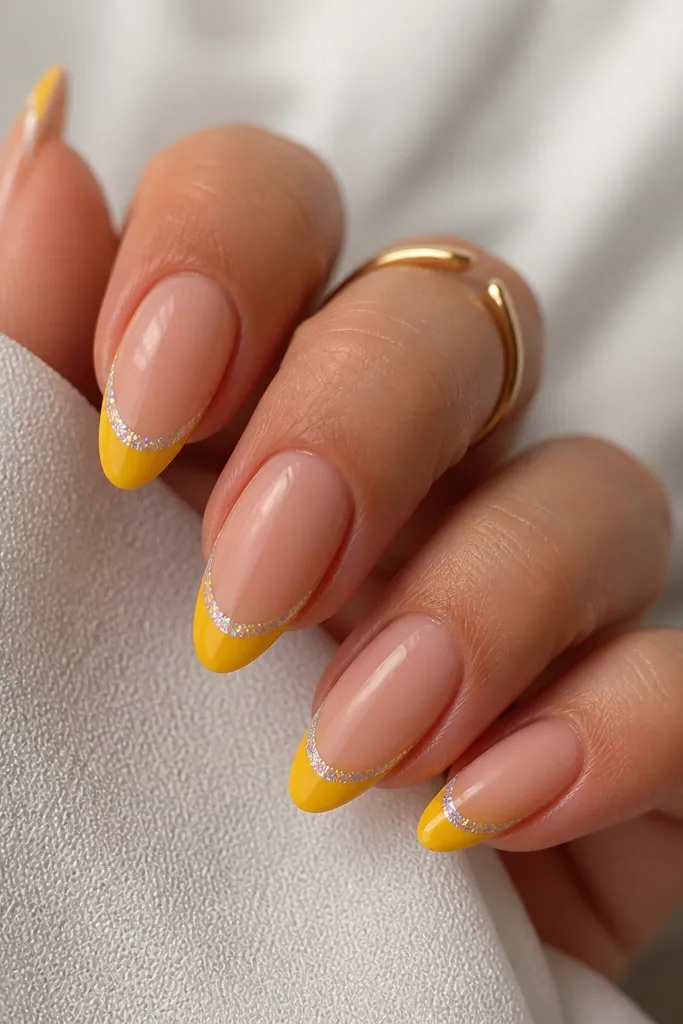 Almond nails with a marigold-yellow French tip. Only the very edge of the tip is holographic chrome, showing rainbow flecks. Nude base, glossy top coat.