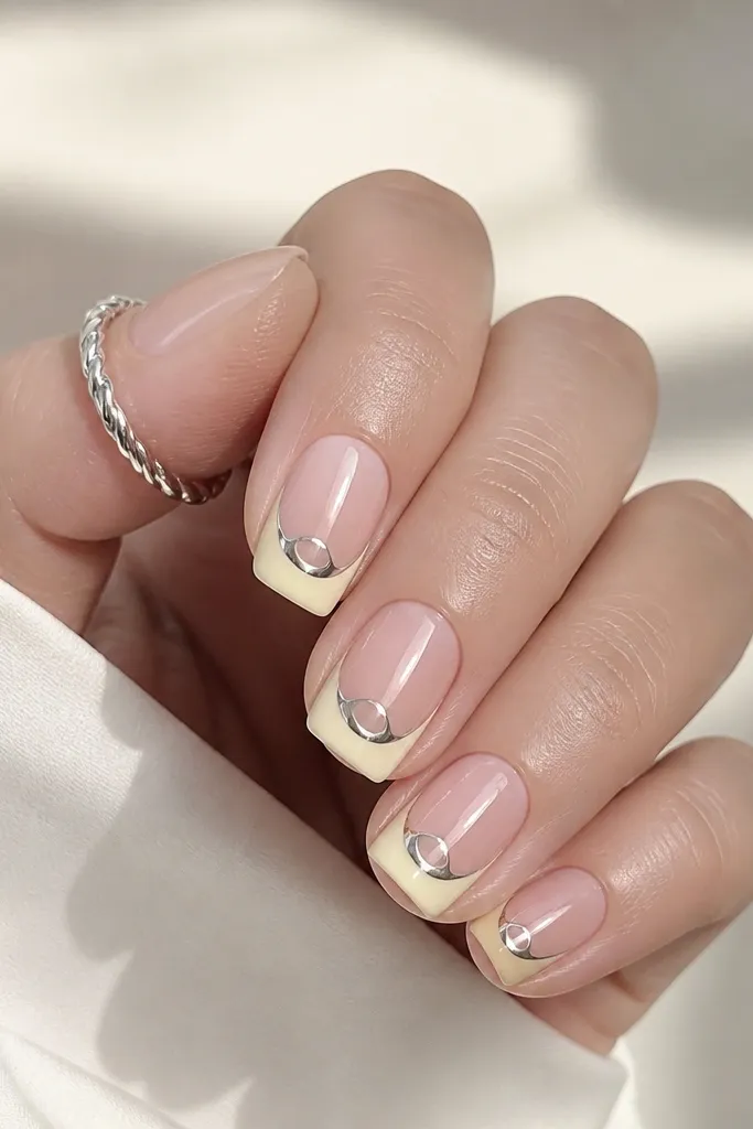 Short squoval nails. French tips are butter yellow, but a small curved negative-space window sits in the center of each tip. The chrome is applied around the cutout, mirroring silver.