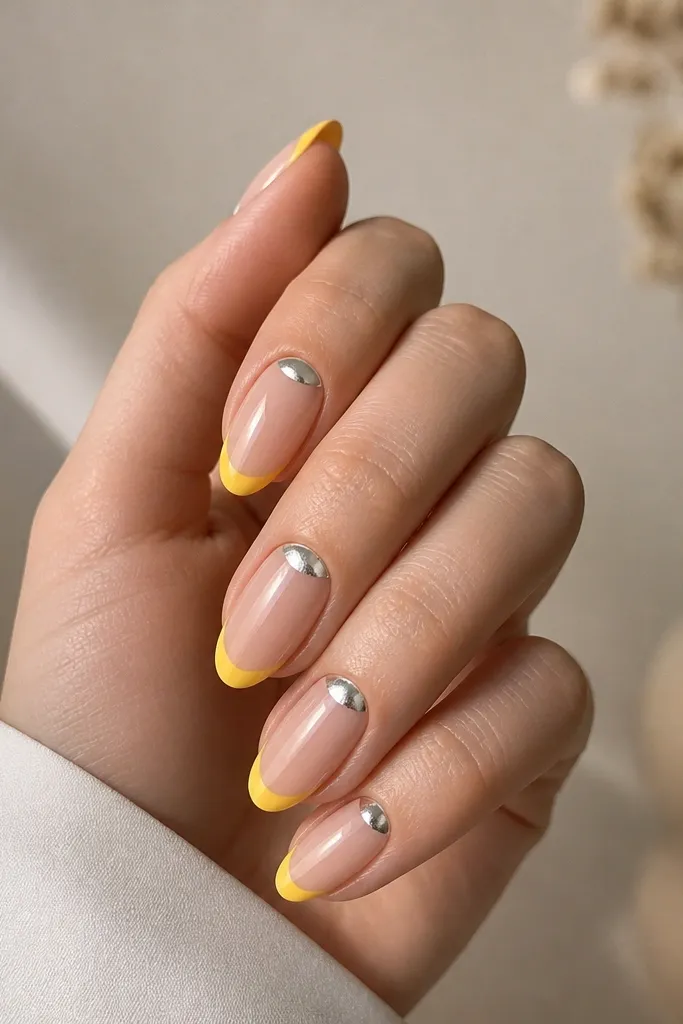 Medium almond nails. French tips are sunny yellow. At the cuticle area there is a small half-moon of silver chrome that does not touch the French tip. Rest is sheer nude, glossy.