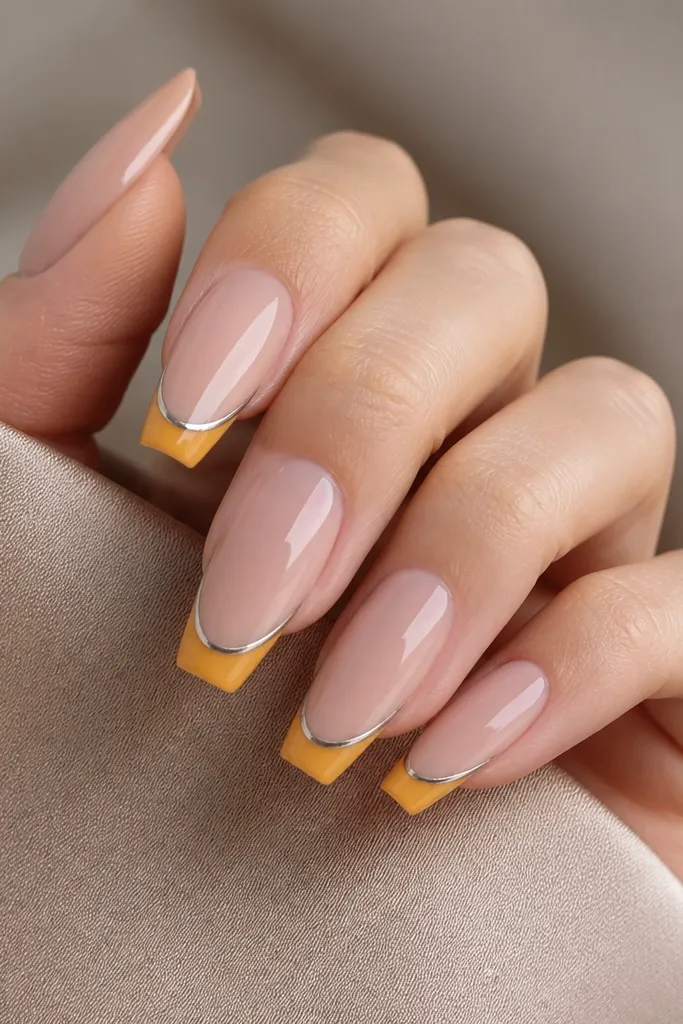 Coffin nails. The reverse French line under the nail is mustard yellow. A silver chrome rim outlines the reverse line and follows the curve. Top is sheer nude, glossy.
