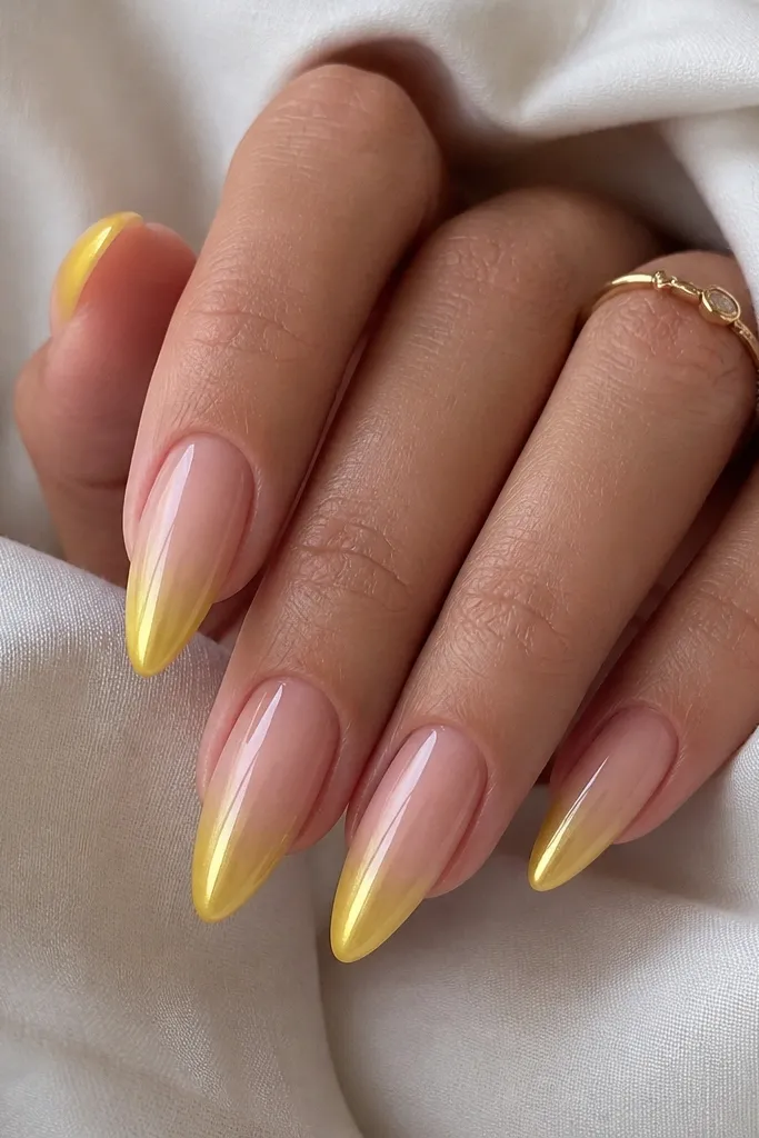 Long almond nails. The French area has an ombré from pale yellow near the smile line to brighter yellow at the tip. Then a subtle chrome finish covers only the French zone, making it look like a metallic gradient.