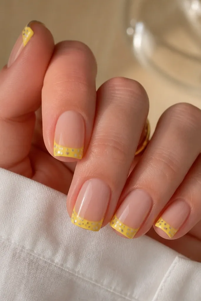 Square nails with citrus-yellow French tips. Over the tips are scattered tiny chrome dot flecks, like confetti, in silver and a few holographic specks. Nude base, glossy.