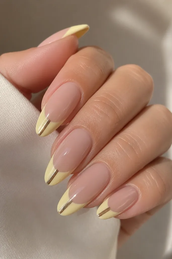 Almond nails. The French tips are solid pale yellow. A single mirror chrome stripe runs down the center of each tip from smile line to free edge. Rest is nude, glossy.