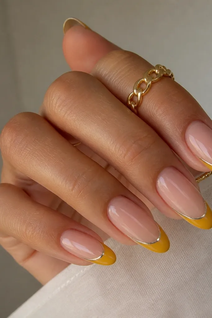 Long almond nails. The French tips are marigold yellow. A mirror silver outline traces the top edge and the side corners of each tip, like a frame. Nude base, glossy.