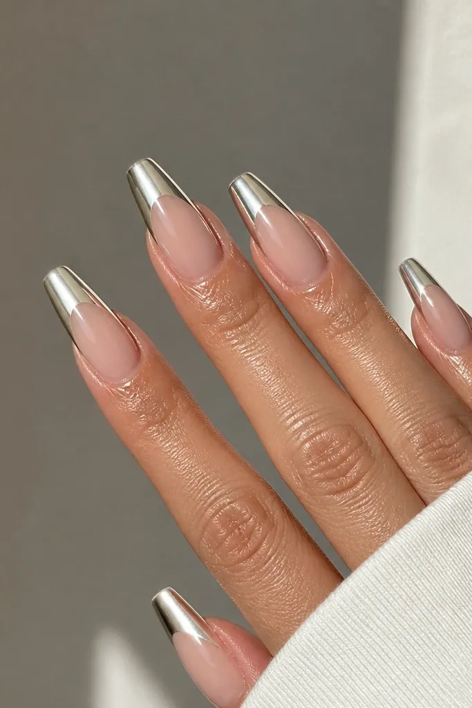 Coffin nails with a translucent lemon-yellow jelly French tip. Over the jelly, there is full silver mirror chrome across the tip, creating a glassy metallic look. Nude jelly base, glossy.