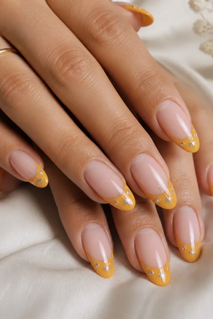 Almond nails. French tips are solid saffron yellow. Over them are stamped chrome patterns (tiny star and line motifs) in silver, crisp and evenly spaced. Nude base, glossy.