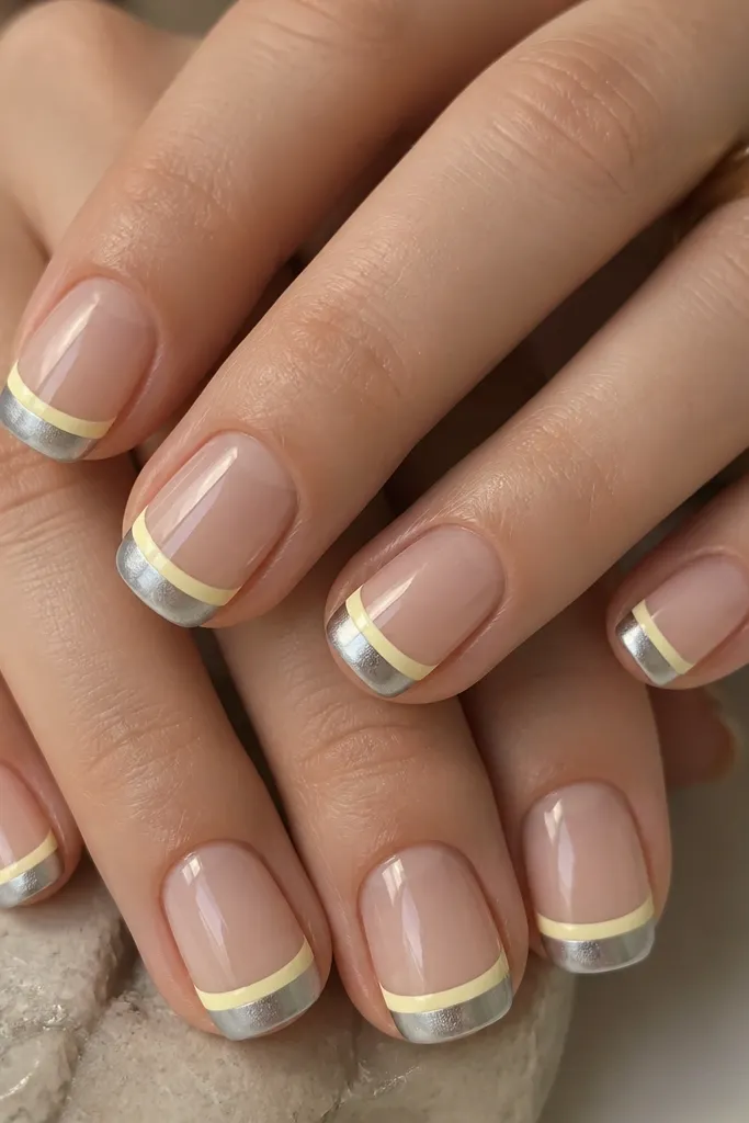Short squoval nails with butter yellow French tips. The chrome is silver but split: the top half of the tip is mirror, the bottom half is matte chrome. Nude base, glossy on the nude, matte on the bottom chrome zone.