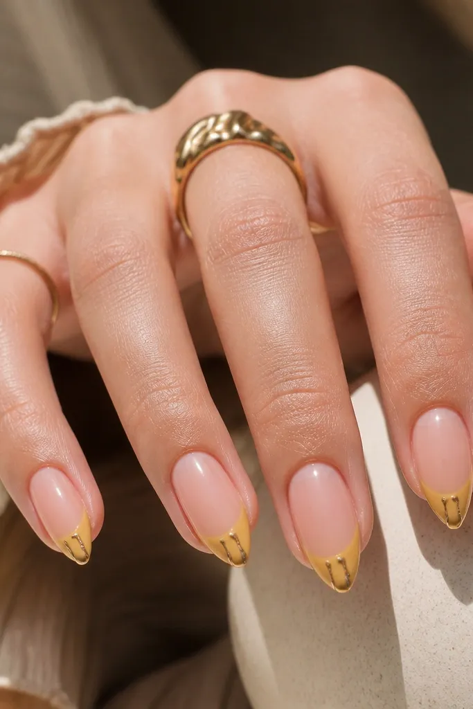 Medium almond nails. French tips are mustard yellow. At the free edge, there are tiny chrome "drip" lines that hang down slightly, like melted foil. Nude base, glossy.