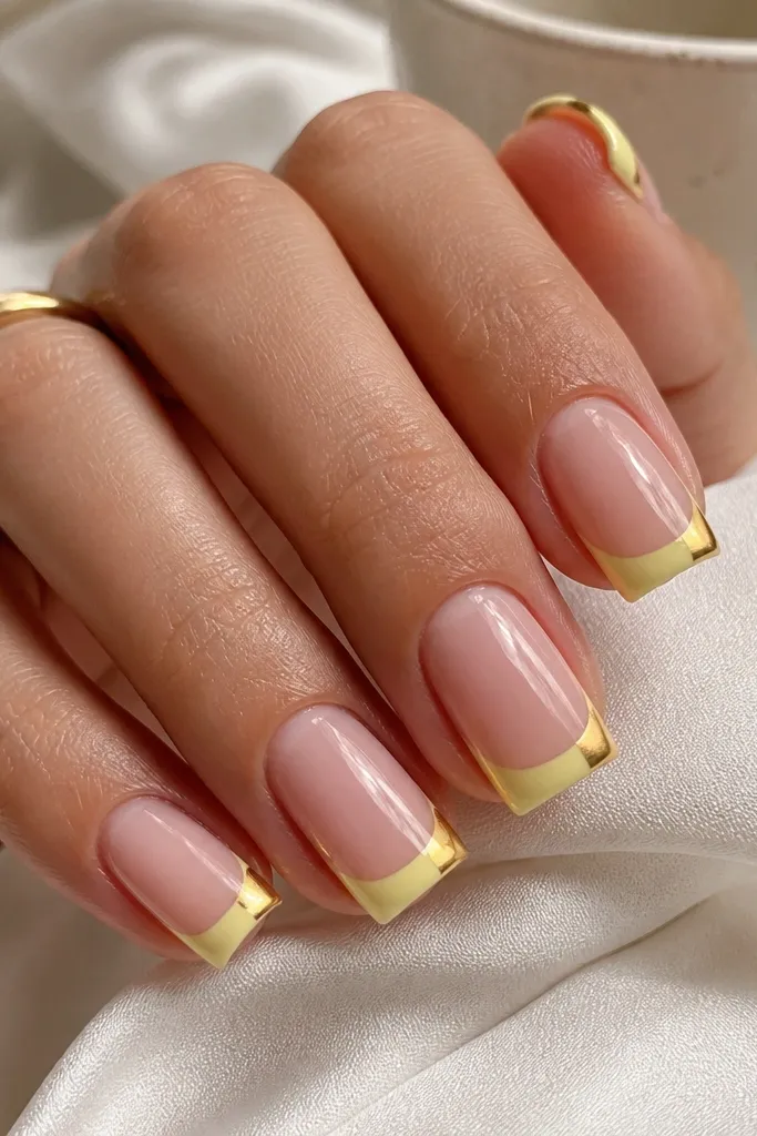 Square nails. The French tips are citrus yellow. Only the two corners of the tip have mirror chrome, creating a corner highlight effect. Nude base, glossy.