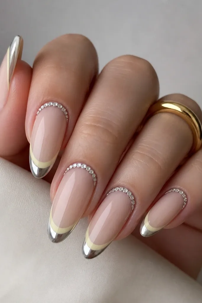 Almond nails with yellow French tips in a soft butter shade. The tips are chrome silver mirror. At the cuticle line there are tiny micro rhinestones arranged in a thin arc. Nude base, glossy.