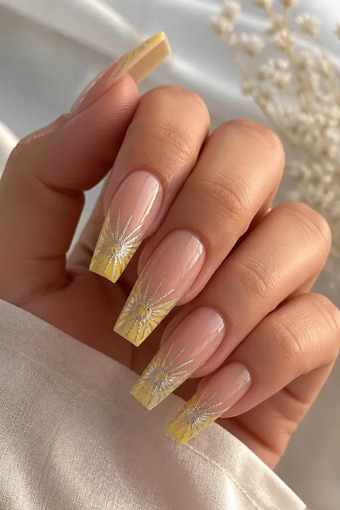 Long coffin nails with lemon yellow French tips. Silver chrome foil flakes are applied in a burst shape from the center of the tip outward, leaving some yellow visible. Nude base, glossy.