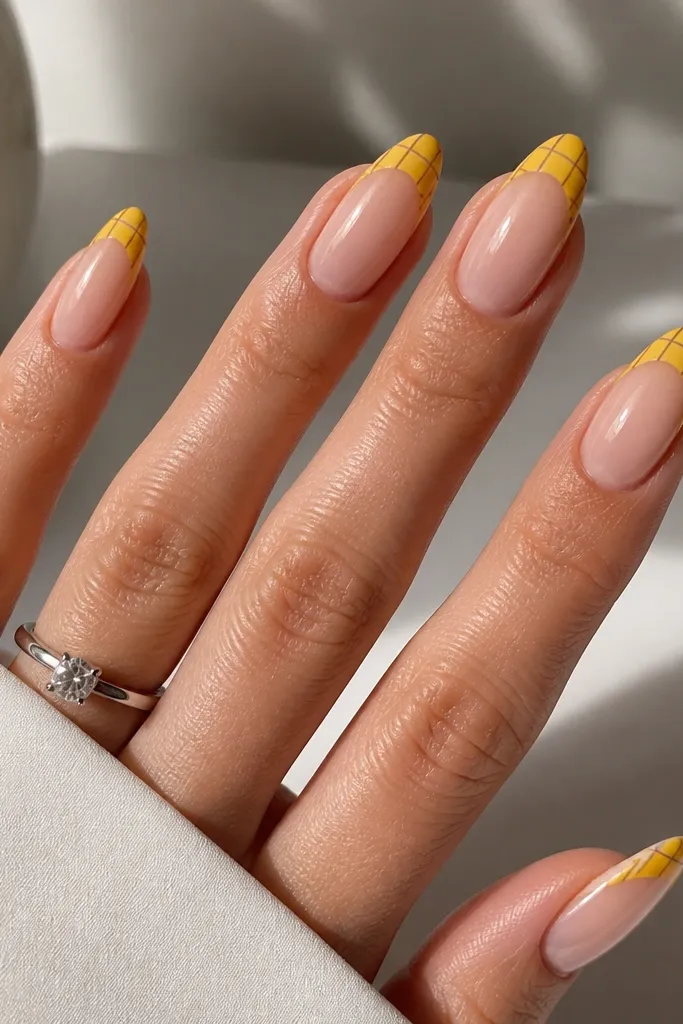 Almond nails with saffron yellow French tips. Over the tips are thin silver chrome grid lines forming small squares. Nude base, glossy.