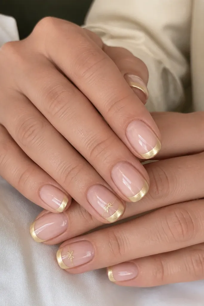 Short oval nails. Butter yellow French tips are mirror chrome. On one nail per hand, there is a tiny chrome micro bow near the center of the tip. Nude base, glossy.