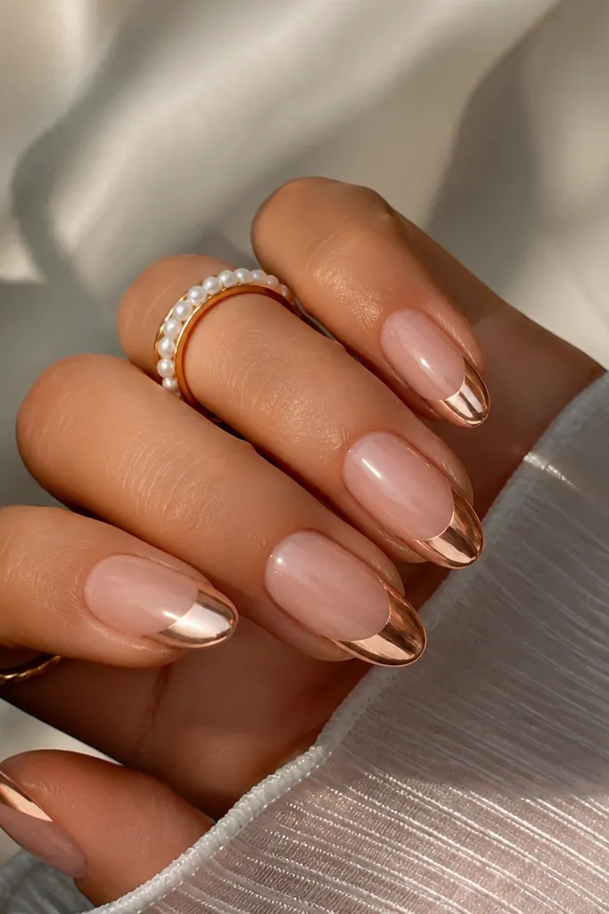 Medium almond nails. French tips are a creamy yellow. The chrome is rose gold and covers the tip fully, giving a warm metallic glow. Nude base, glossy.