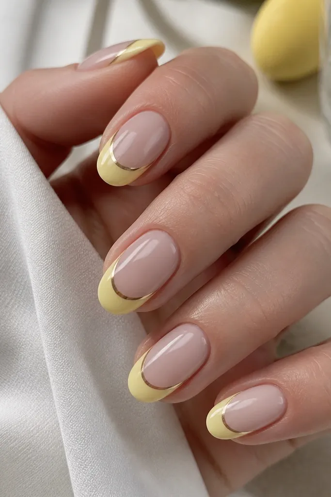 Oval nails. Lemon yellow French tips are glossy, and only the smile line area has mirror chrome, forming a thin metallic arc. Rest of tip stays yellow, nude base.