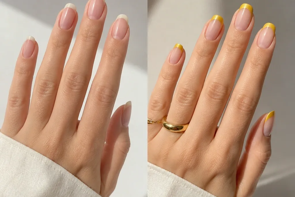 Yellow chrome French nails before and after