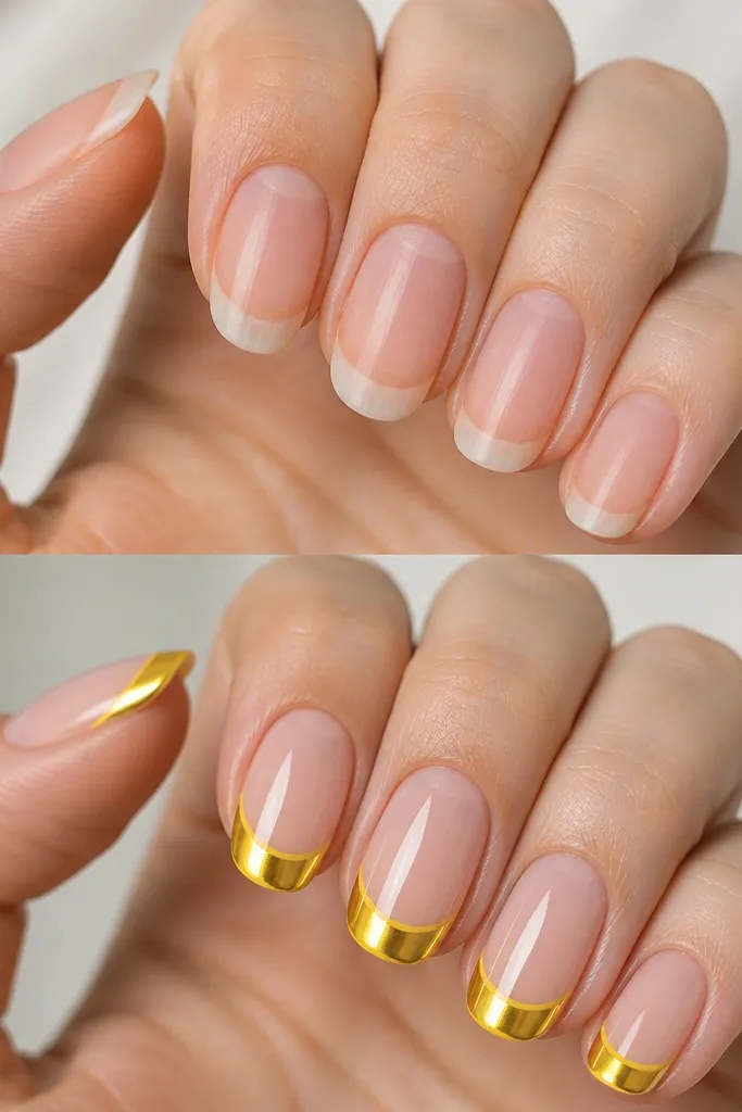 Yellow chrome French nails before and after