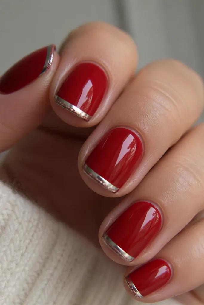 Close-up of short squoval nails painted cherry red. The tips have a crisp 2 mm mirror chrome French line. Along the very outer free-edge there are tiny silver micro-sparkles, like frost, catching light under indoor lighting.