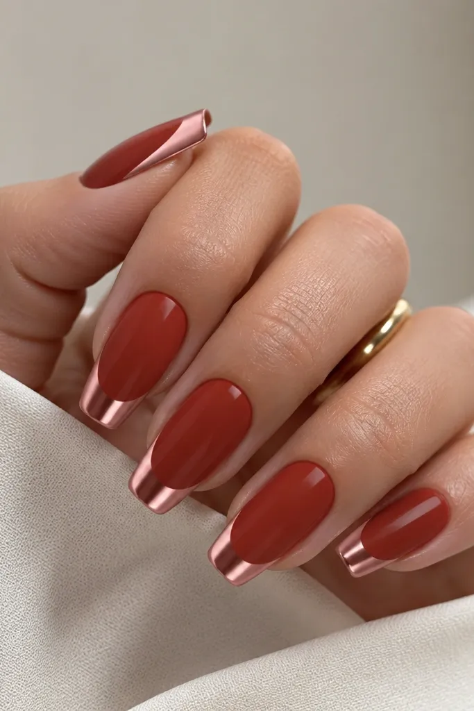 Medium coffin nails in brick red. The French tips are coated in a rose-tinged chrome that looks slightly blush-pink rather than pure silver. The line is curved and smooth, with a satin-mirror sheen.