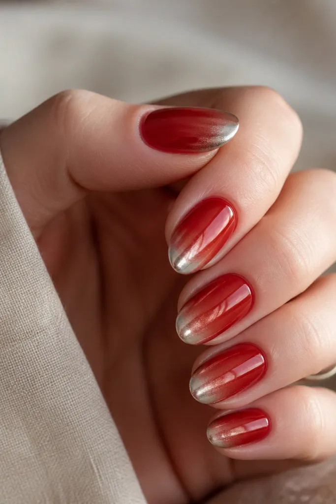 Short almond nails with a red base. The tips start as a mirror chrome French band, then the chrome fades downward as a soft gradient toward the upper nail, stopping before the cuticle. The red remains dominant near the base.
